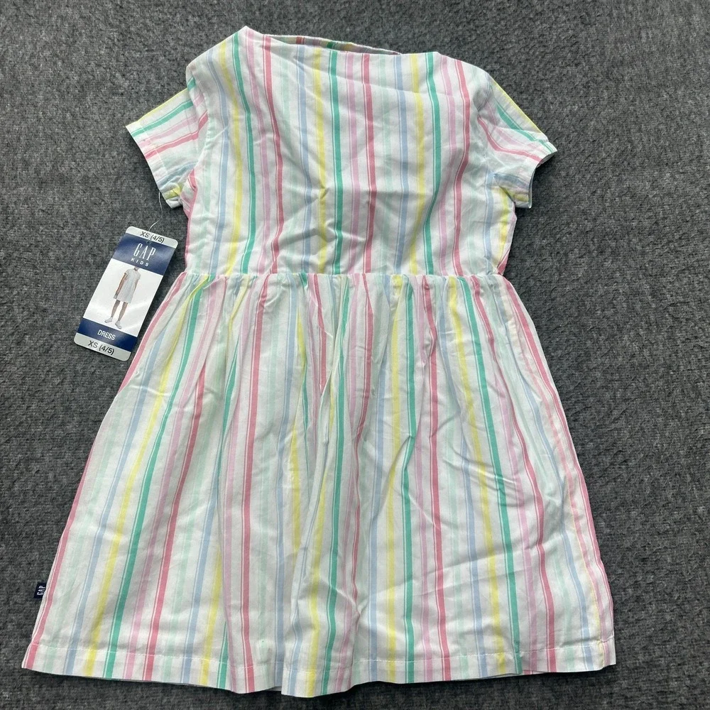 GAP Kids‎ Girls Dress XS 4/5 Cotton Short Sleeved Striped Button Pastel Easter